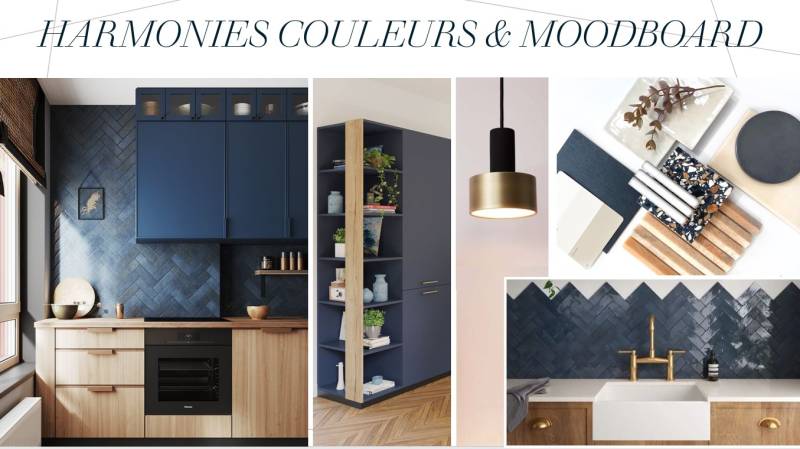 Planche de tendances cuisine bleu et bois