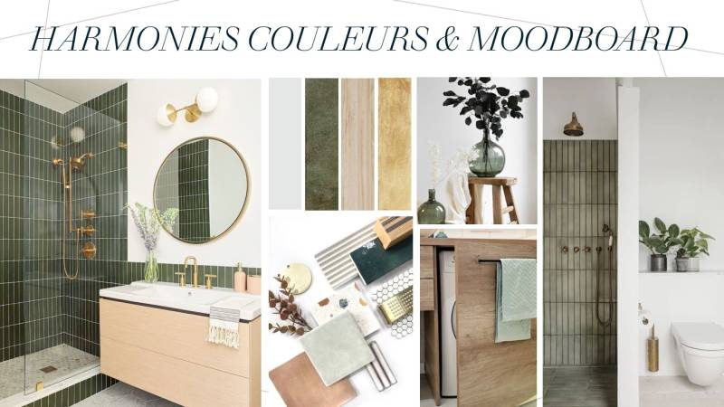 Planche tendances salle de bains vert et bois